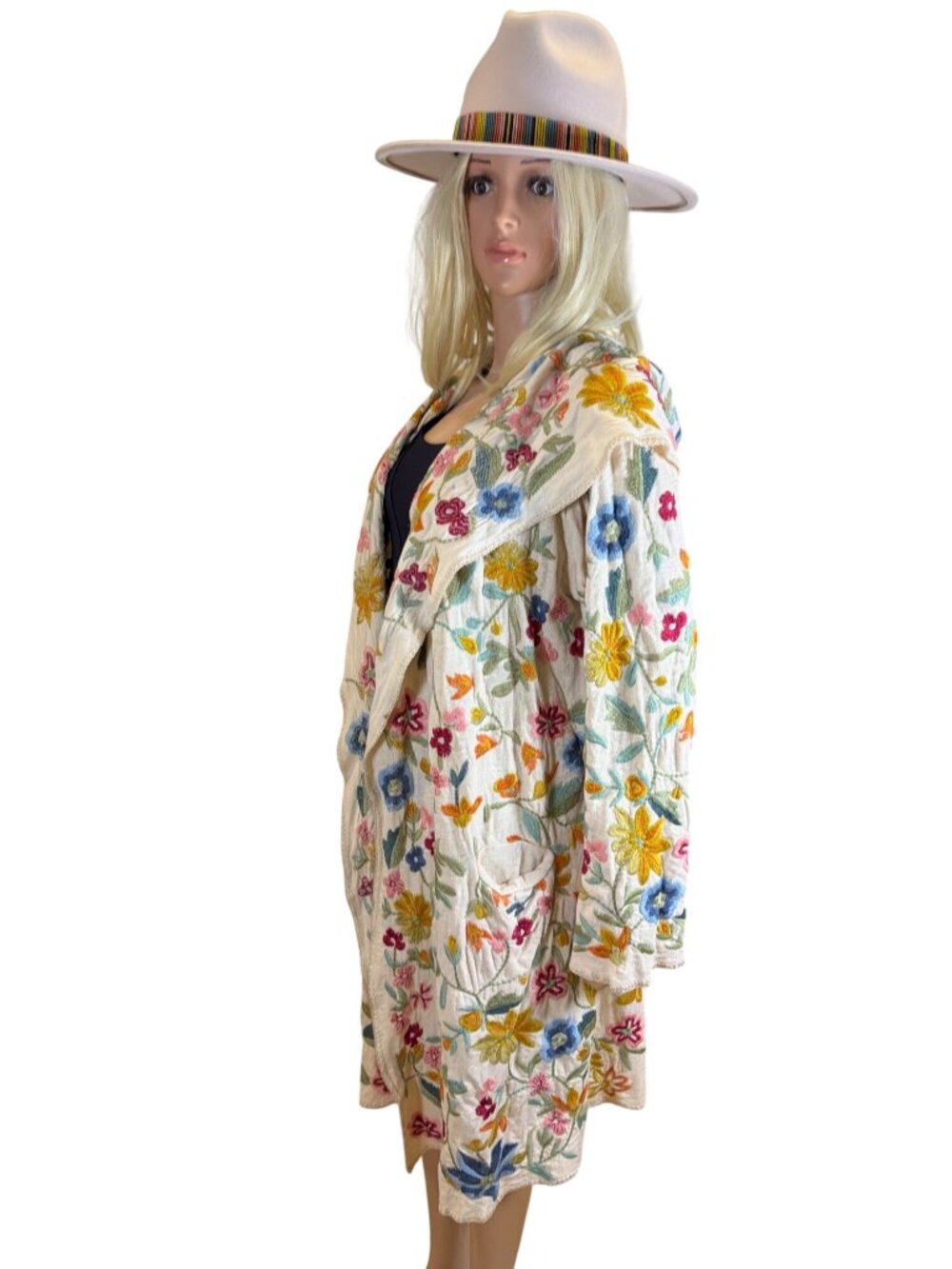 Johnny Was XL Embroidered Hooded Duster Cardigan XL Flowy Bohemian Cream Floral